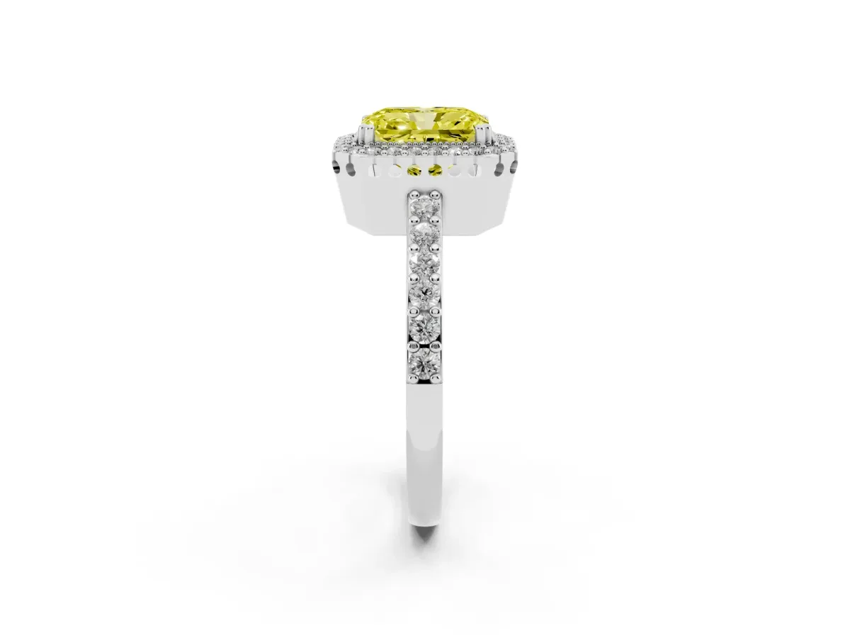 Fancy Yellow Radiant Cut Cut Diamond Halo Engagement Ring with Milgrain Detail and Pavé Band Silver