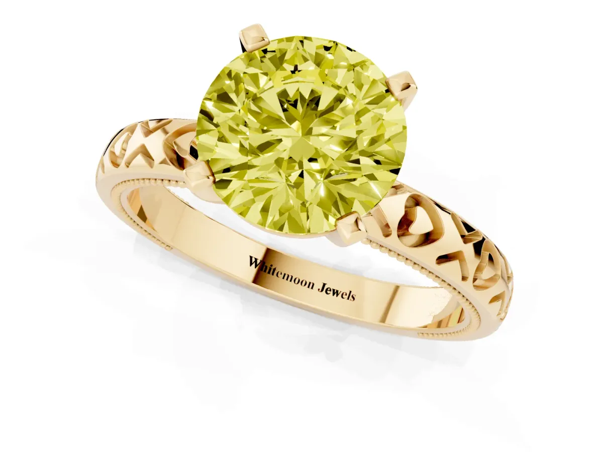 Fancy Yellow Round Cut Solitaire Diamond Engagement Ring with XO Engraved Band and Four-Prong Setting Yellow gold