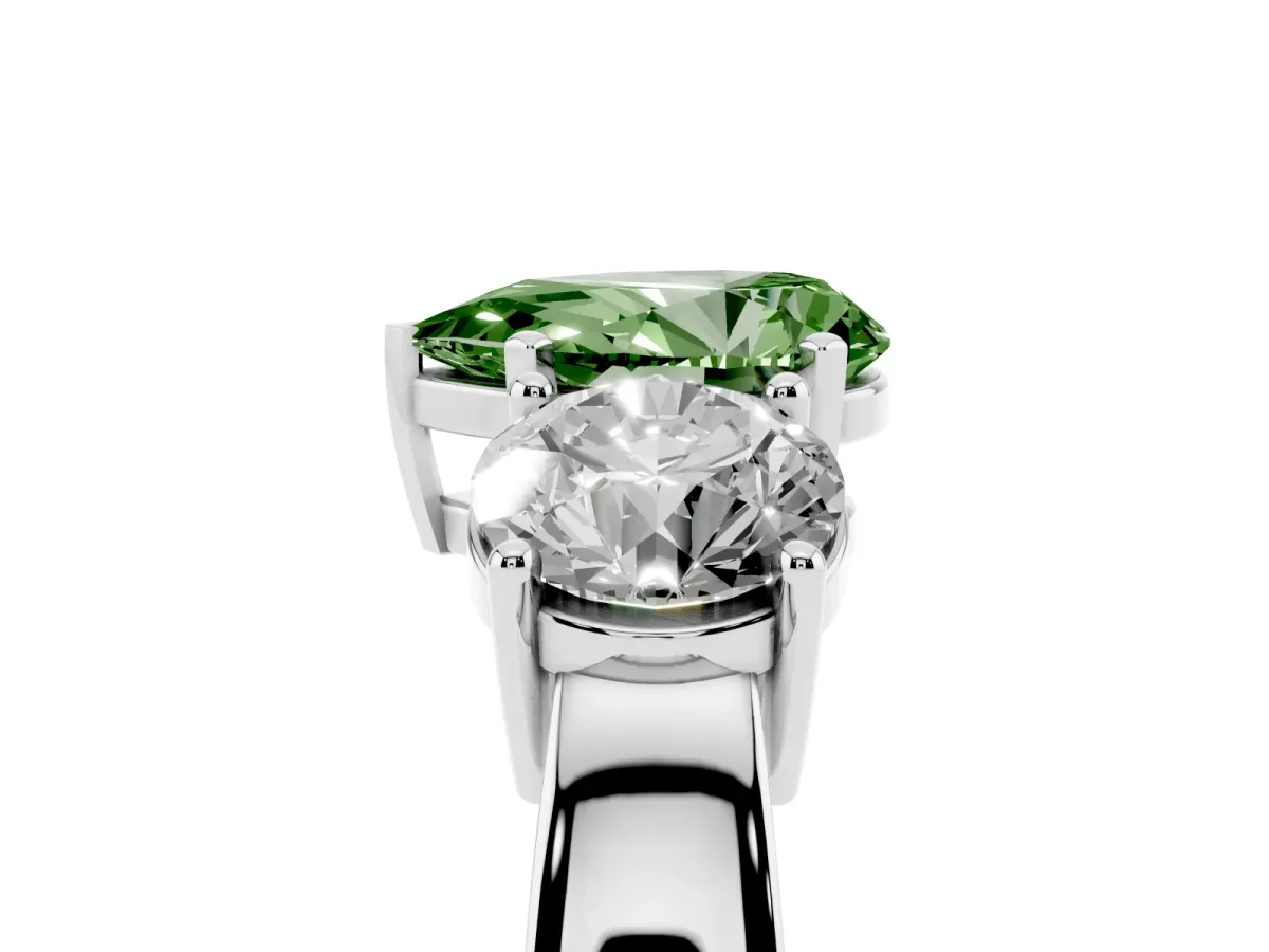 Fancy Green Three-Stone Pear Cut Diamond Ring with Round Side Stones, Classic Band, and Four-Prong Setting Platinum