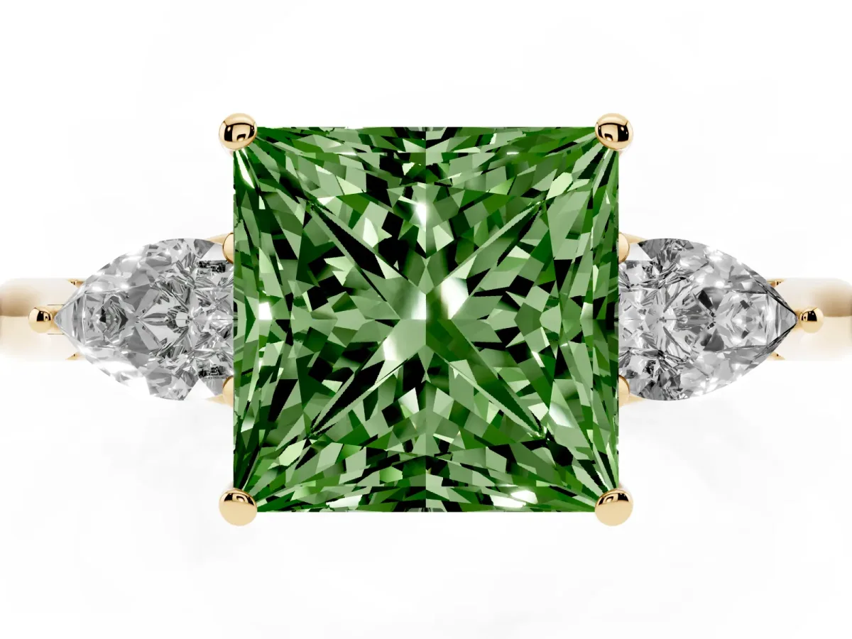 Fancy Green Princess Cut Diamond Three-Stone Ring with Pear Side Stones and Prong Setting Yellow gold