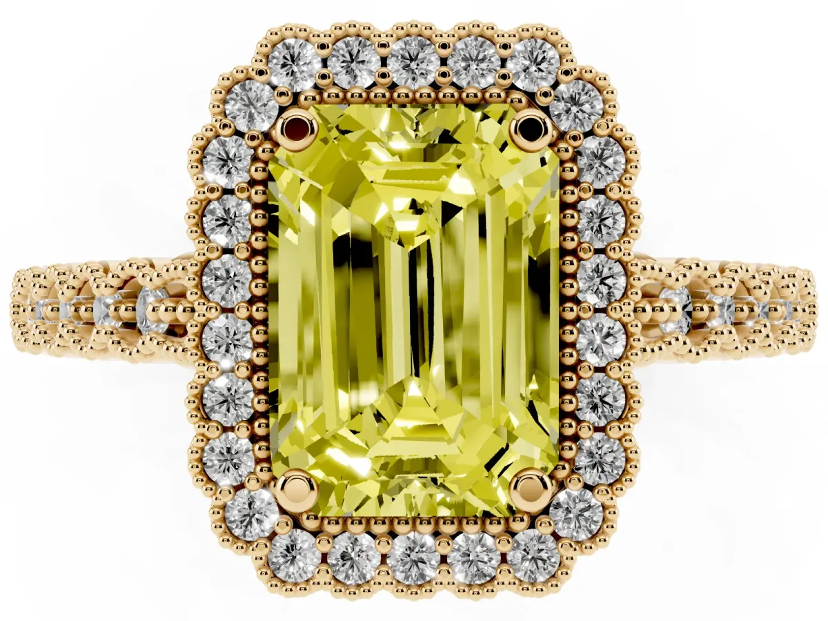 Fancy Yellow Emerald Cut Cut Halo Pavé Solitaire Ring with Milgrain Band Yellow gold