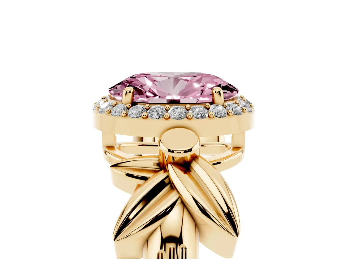 Fancy Pink Oval Cut Halo Diamond Floral Band with Four-Prong Setting Yellow gold