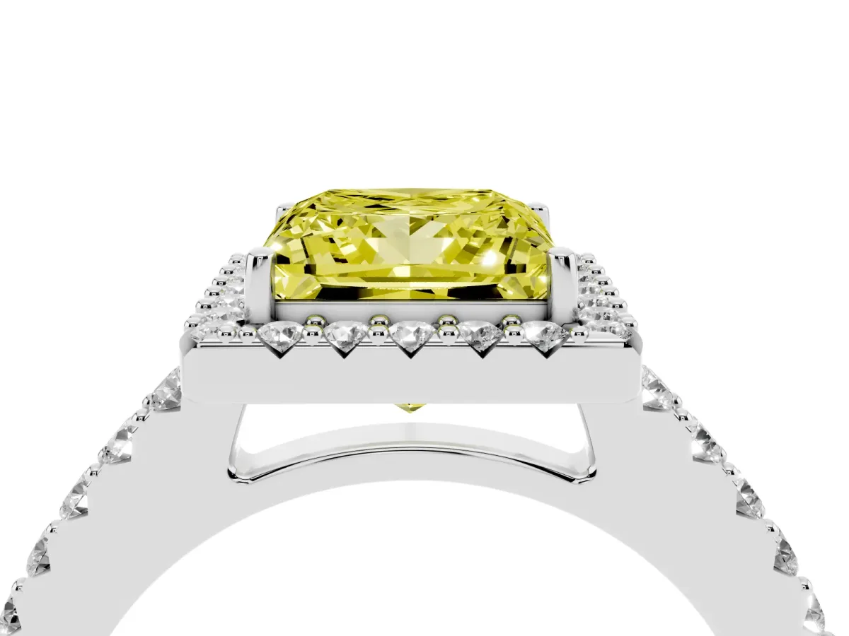 Fancy Yellow Princess Cut Halo Diamond Pavé Solitaire Ring Platinum