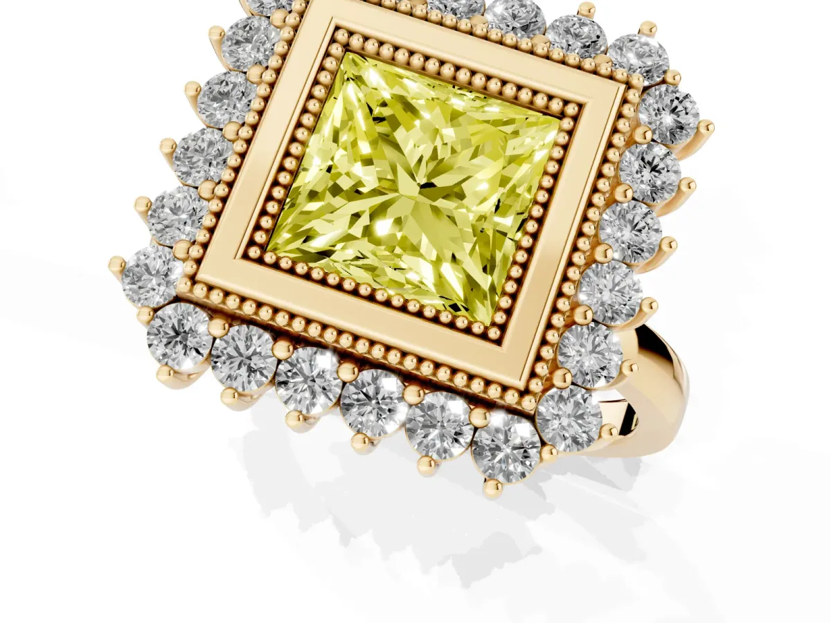Fancy Yellow Princess Cut Halo Diamond Ring with Milgrain Edge and Round Prong Setting Yellow gold