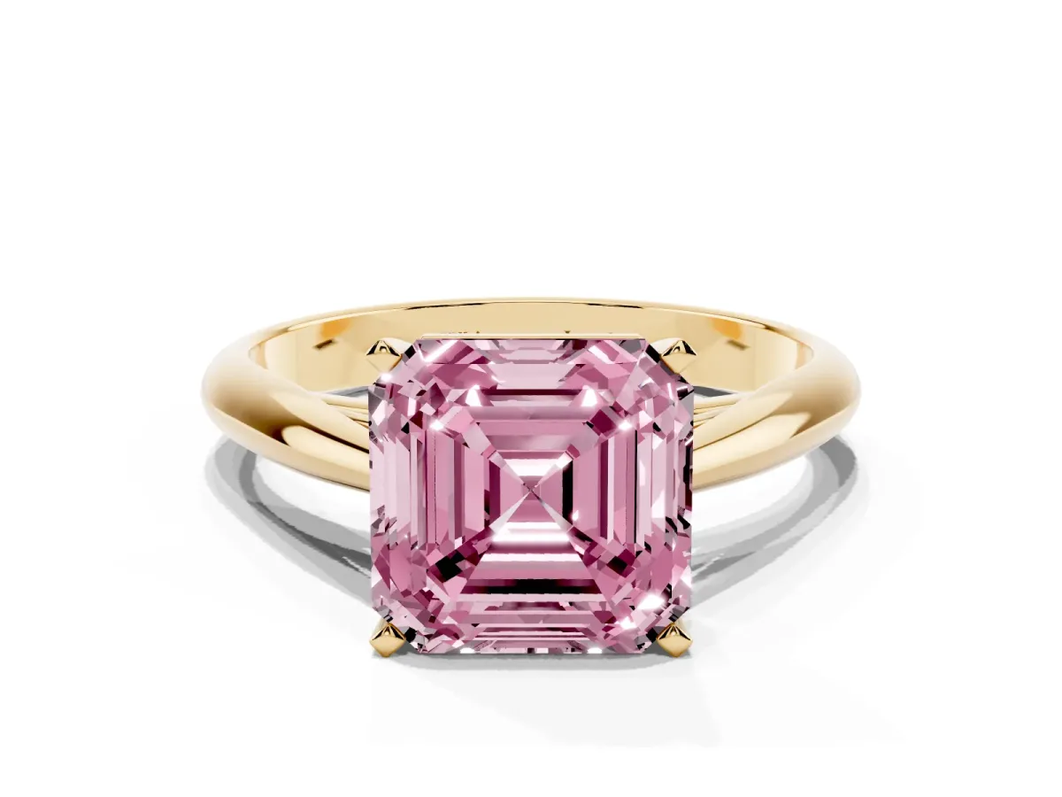 Fancy Pink Asscher Cut Diamond Solitaire Engagement Ring with Cathedral Setting and Four-Prong Mount Yellow gold