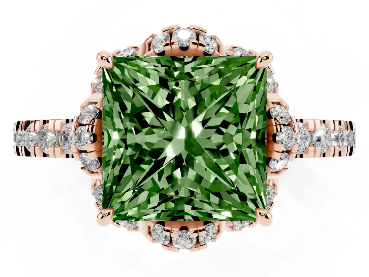 Fancy Green Princess Cut Diamond Halo Pave Band with Four-Prong Setting Rose gold