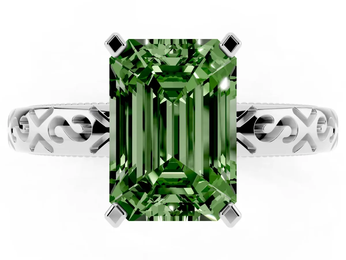 Fancy Green Emerald Cut Solitaire Engagement Ring with Scrollwork Band and Four-Prong Setting Platinum