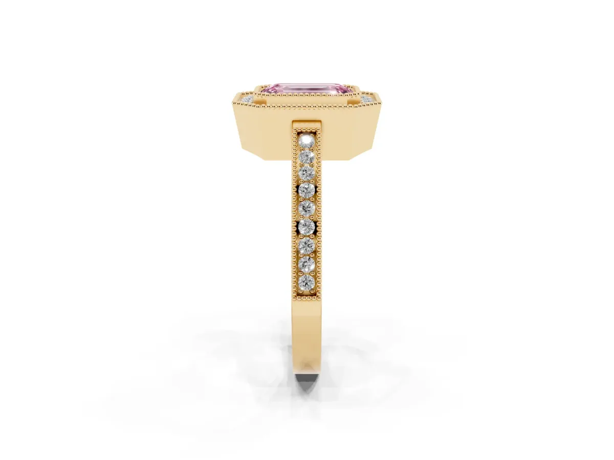 Fancy Pink Emerald Cut Cut Halo Diamond Ring with Pavé Band and Milgrain Prong Setting Yellow gold