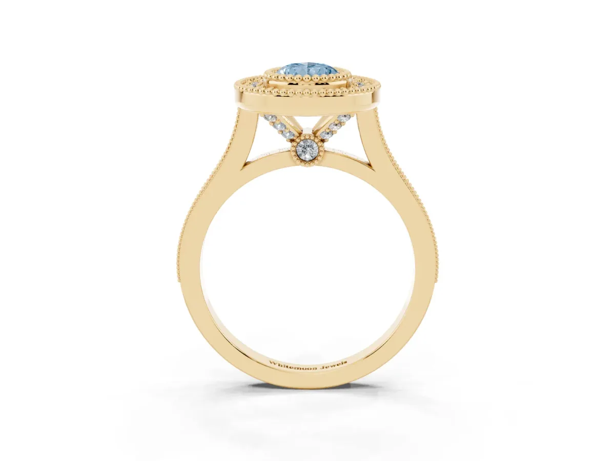Fancy Blue Pear Cut Diamond Halo Ring with Milgrain Frame and Pavé Band Yellow gold