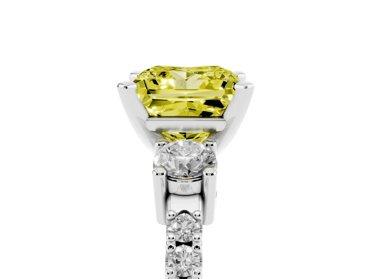 Fancy Yellow Princess Cut Three-Stone Diamond Pavé Band with Prong Setting Silver