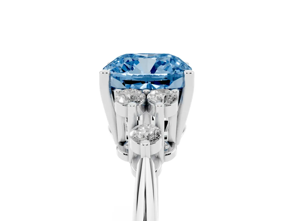 Fancy Blue Cushion Cut Cut Diamond Cluster Ring with Solitaire Band and Four-Prong Setting Silver