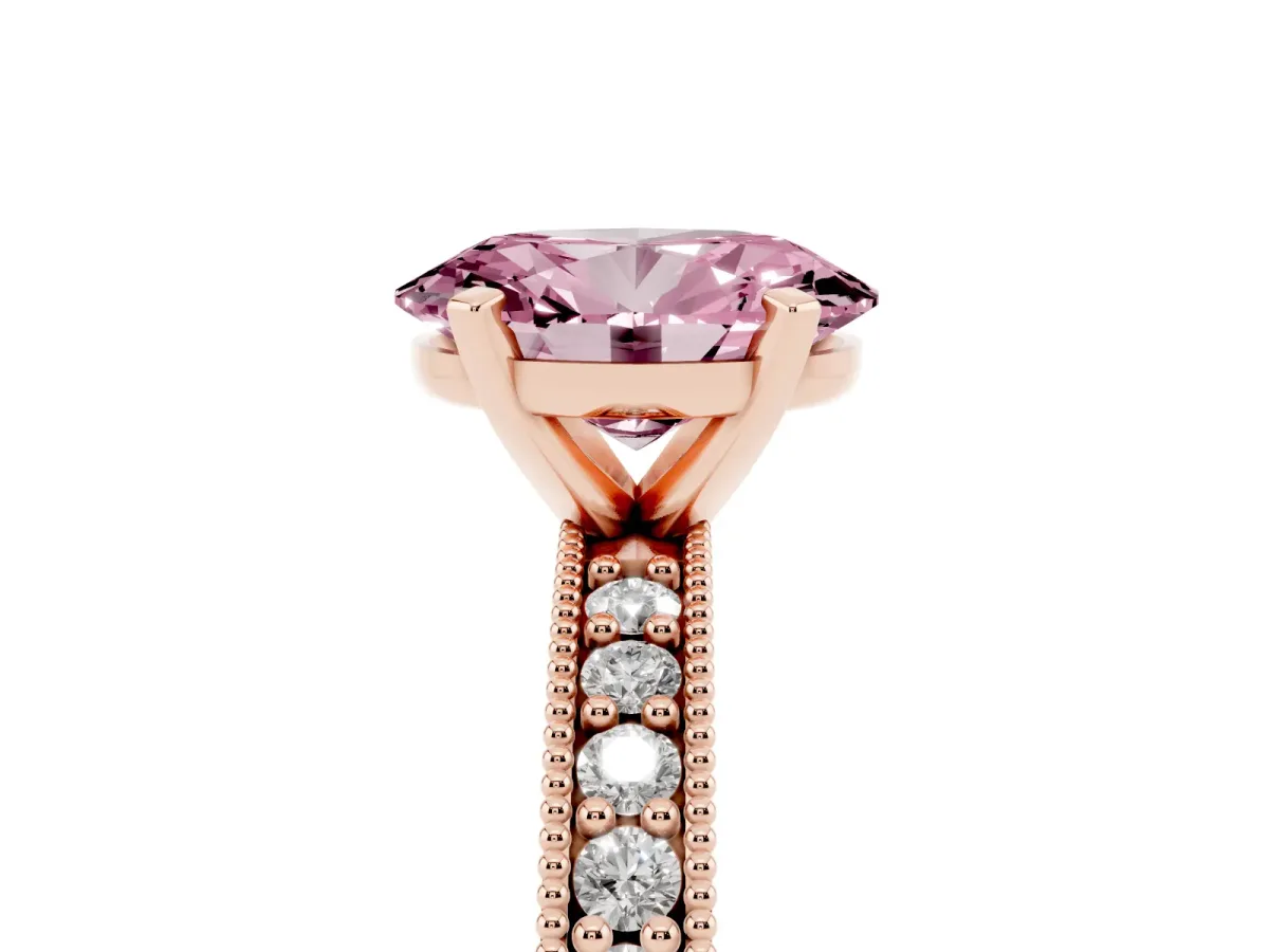 Fancy Pink Oval Cut Diamond Milgrain Pavé Engagement Ring with Four-Prong Setting Rose gold