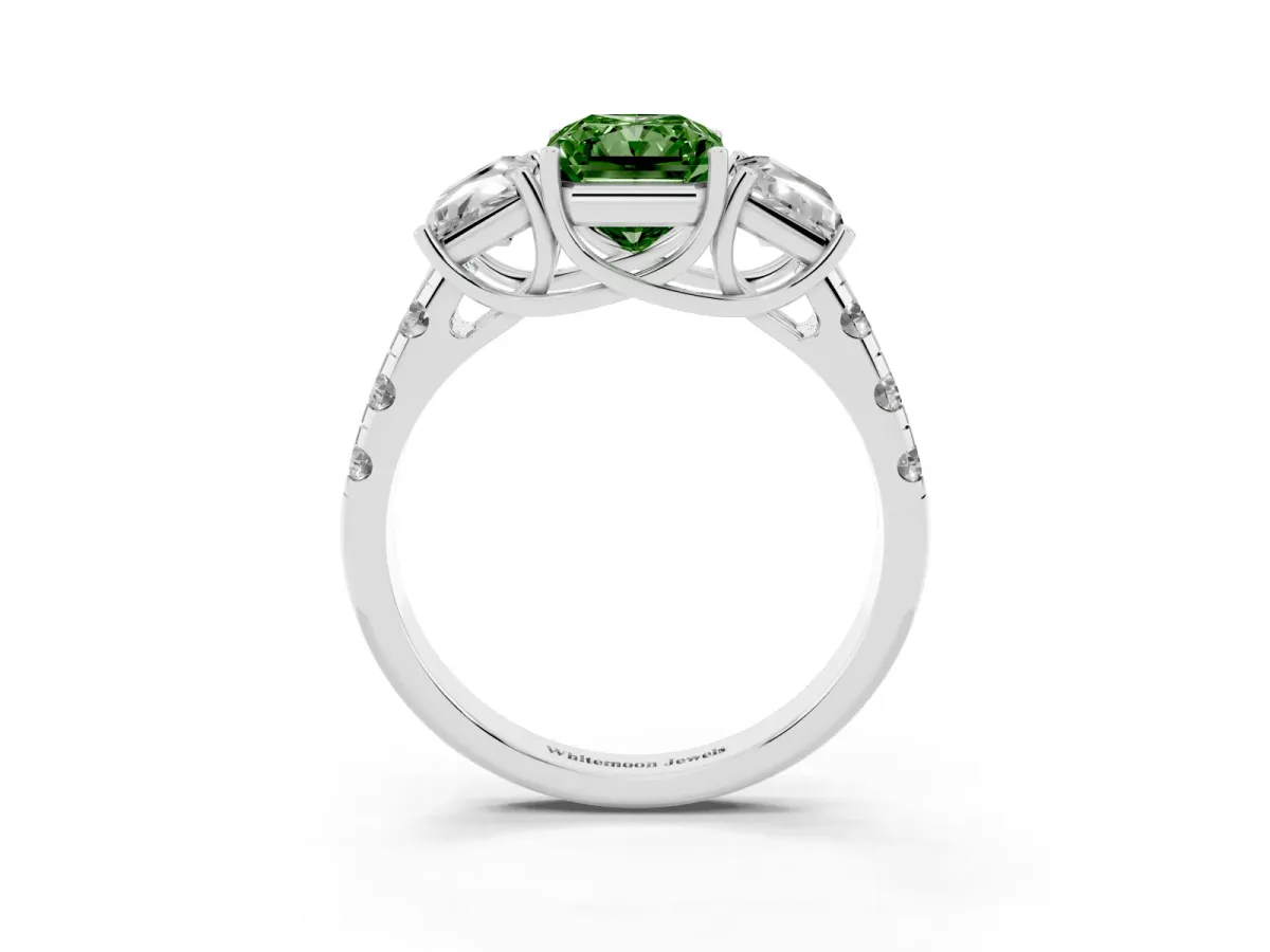 Fancy Green Three-Stone Radiant Cut Diamond Pavé Band with Prong Setting Silver
