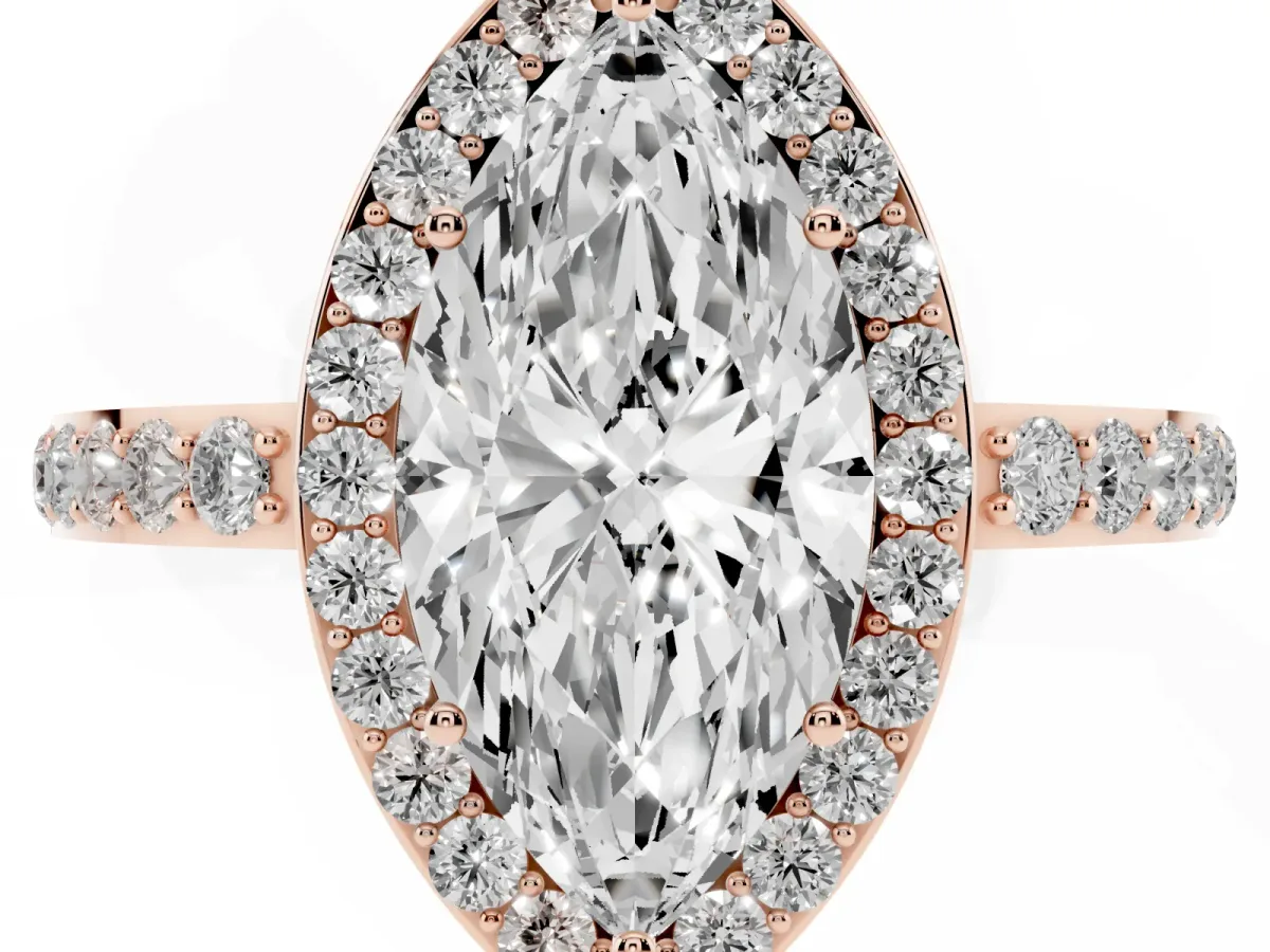Marquise Cut Halo Diamond Pavé Band Ring with Prong Setting Rose gold