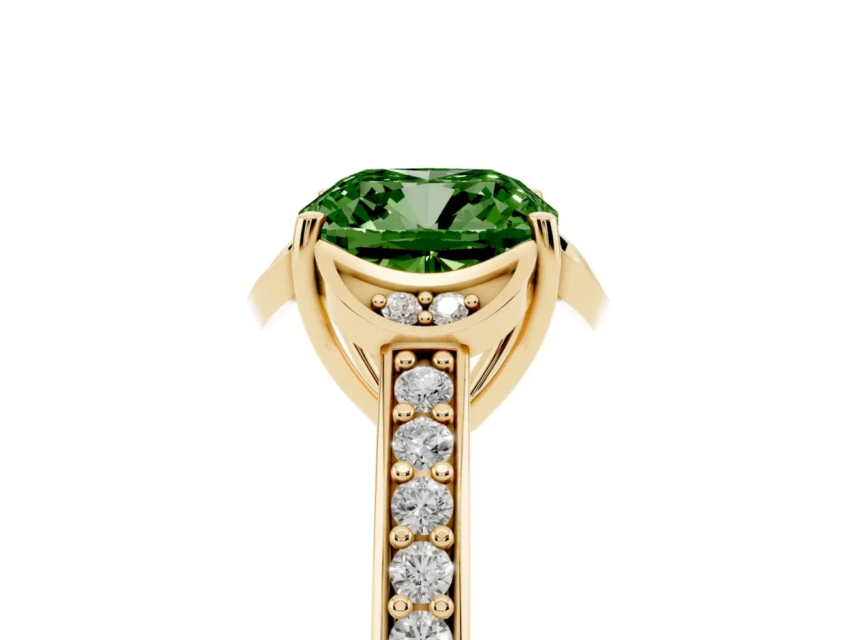 Fancy Green Cushion Cut Cut Halo Diamond Ring with Channel Set Band and Four-Prong Setting Yellow gold