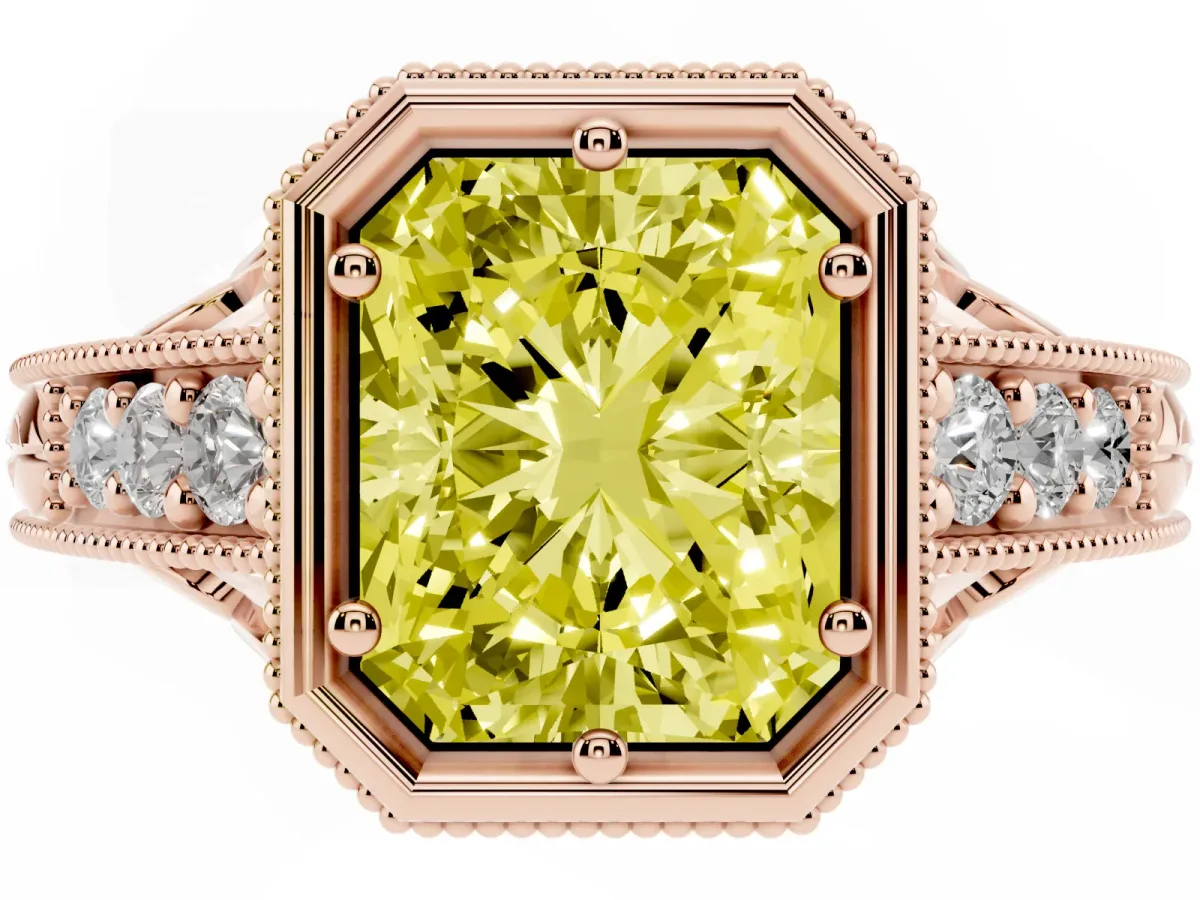 Fancy Yellow Bezel Set Radiant Cut Diamond Milgrain Pave Engagement Ring Rose gold