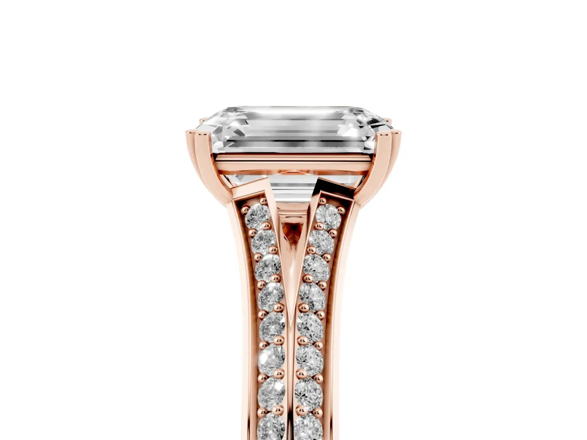 Emerald Cut Diamond Split Shank Engagement Ring with Pavé Band Rose gold
