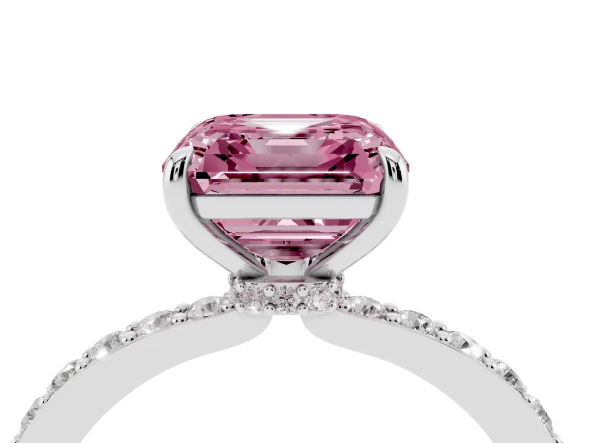 Fancy Pink Asscher Cut Diamond Solitaire Engagement Ring with Pavé Band and Four-Prong Setting Silver