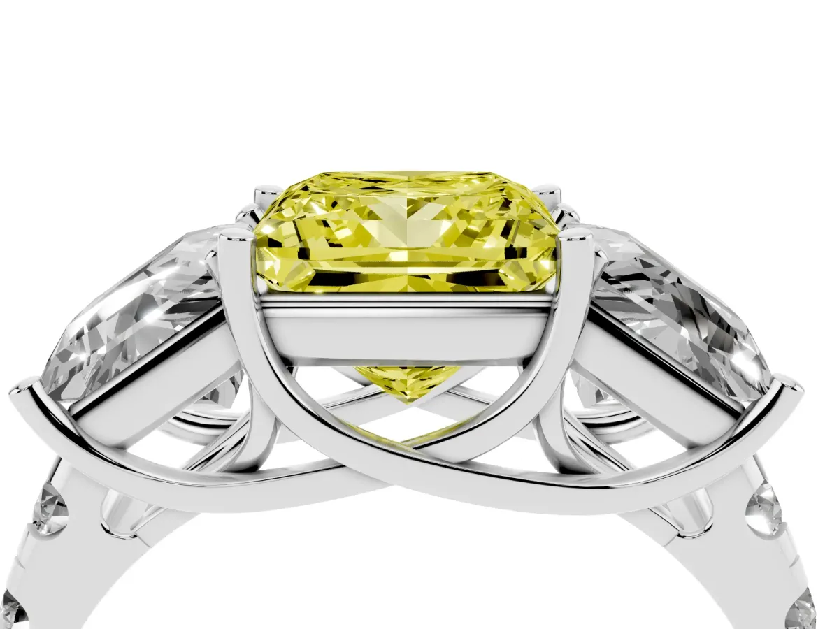 Fancy Yellow Three-Stone Princess Cut Diamond Pavé Band with Prong Setting Silver