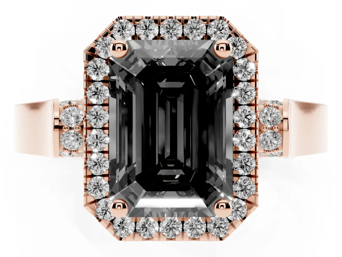 Fancy Black Emerald Cut Halo Round Diamond Twist Band with Four-Prong Setting Rose gold