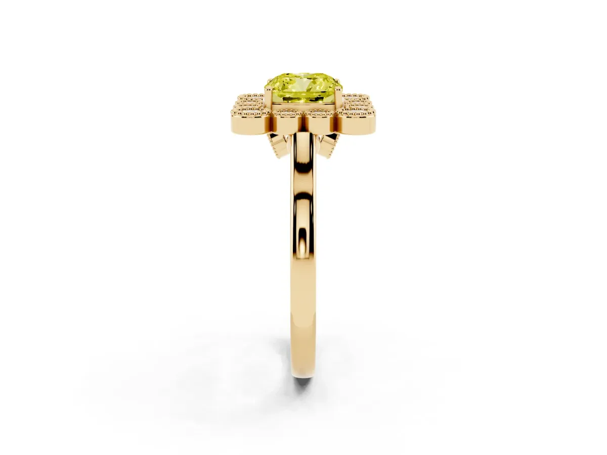 Fancy Yellow Cushion Cut Halo Diamond Cluster Engagement Ring with Milgrain Bezel Setting and Solitaire Band Yellow gold