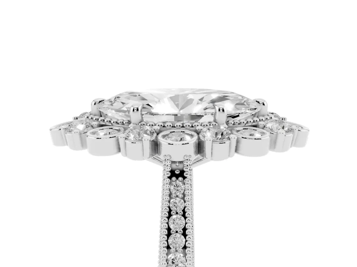 Marquise Cut Halo Milgrain Pave Diamond Ring with Four-Prong Setting Silver