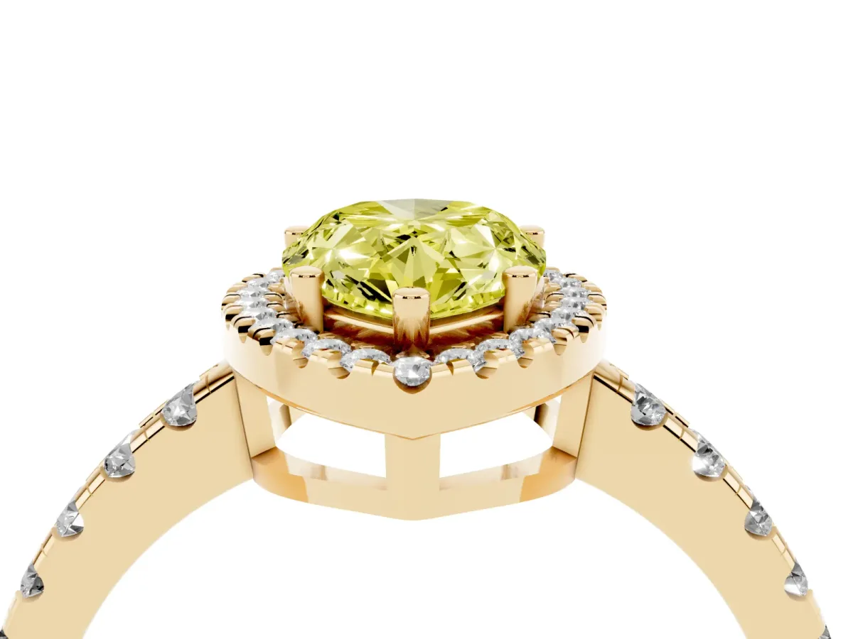 Fancy Yellow Pear Cut Diamond Halo Ring with Pavé Band and Four-Prong Setting Yellow gold