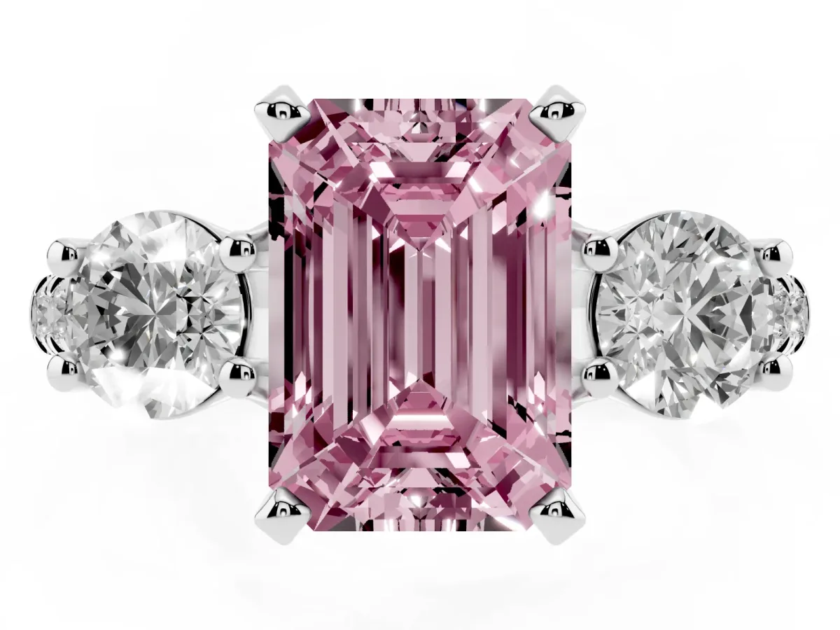 Fancy Pink Three-Stone Emerald Cut Diamond Pavé Band with Four-Prong Setting Platinum