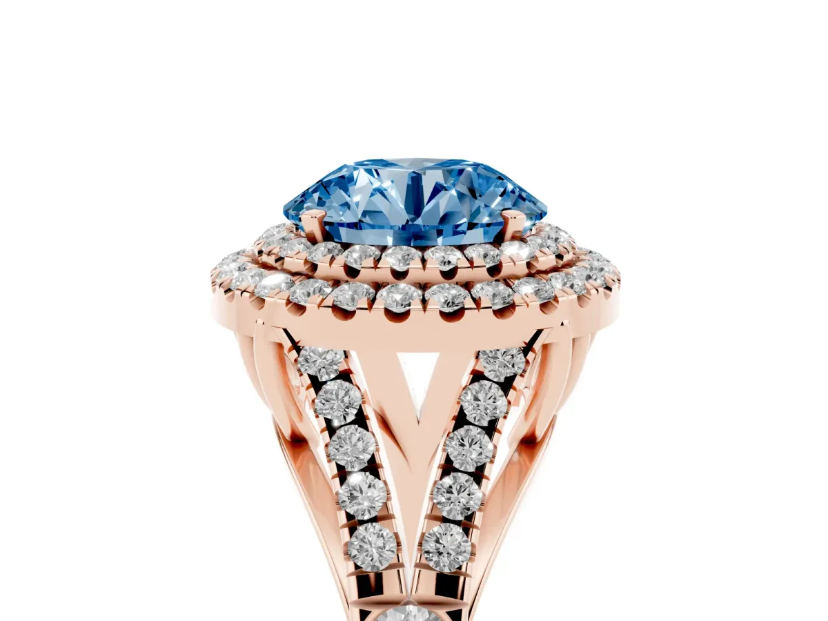 Fancy Blue Round Cut Diamond Double Halo Ring with Split Shank and Prong Setting Rose gold