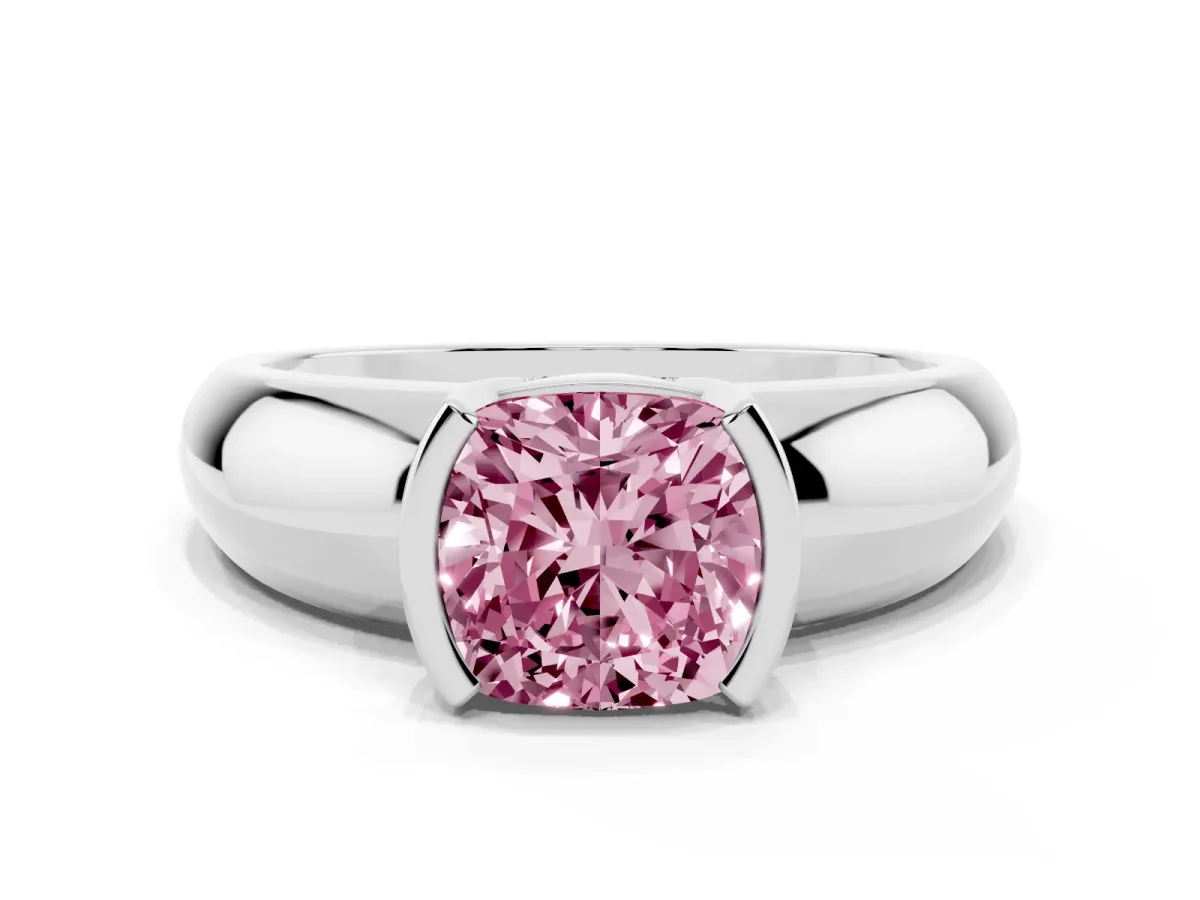 Fancy Pink Cushion Cut Solitaire Tension Set Diamond Ring with Wide Band Platinum