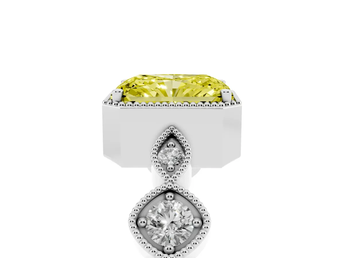 Fancy Yellow Radiant Cut Diamond Vintage Milgrain Ring with Round Stations Silver