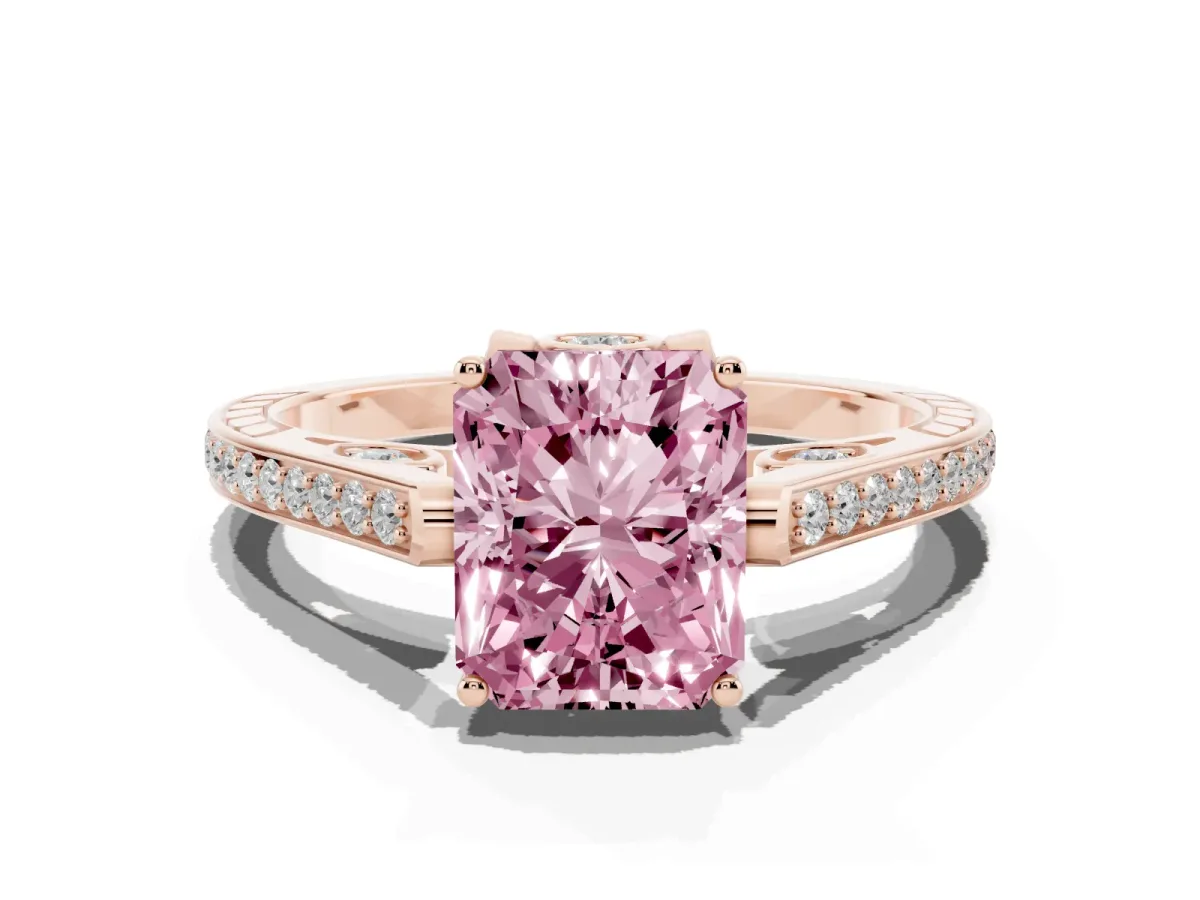 Fancy Pink Radiant Cut Cut Cathedral Pave Diamond Engagement Ring with Six-Prong Setting Rose gold