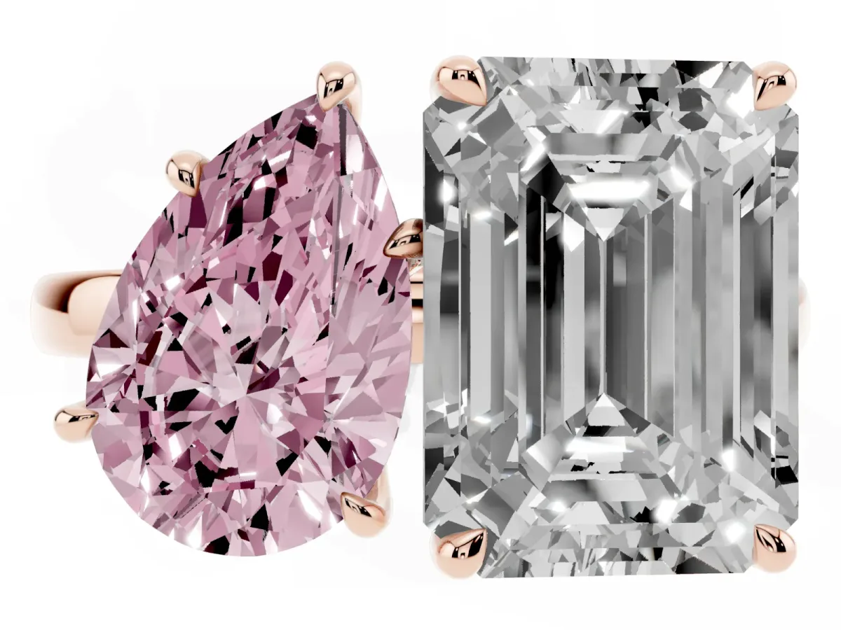 Fancy Pink Pear Cut and Emerald Cut Toi Moi Ring with Prong Setting Rose gold