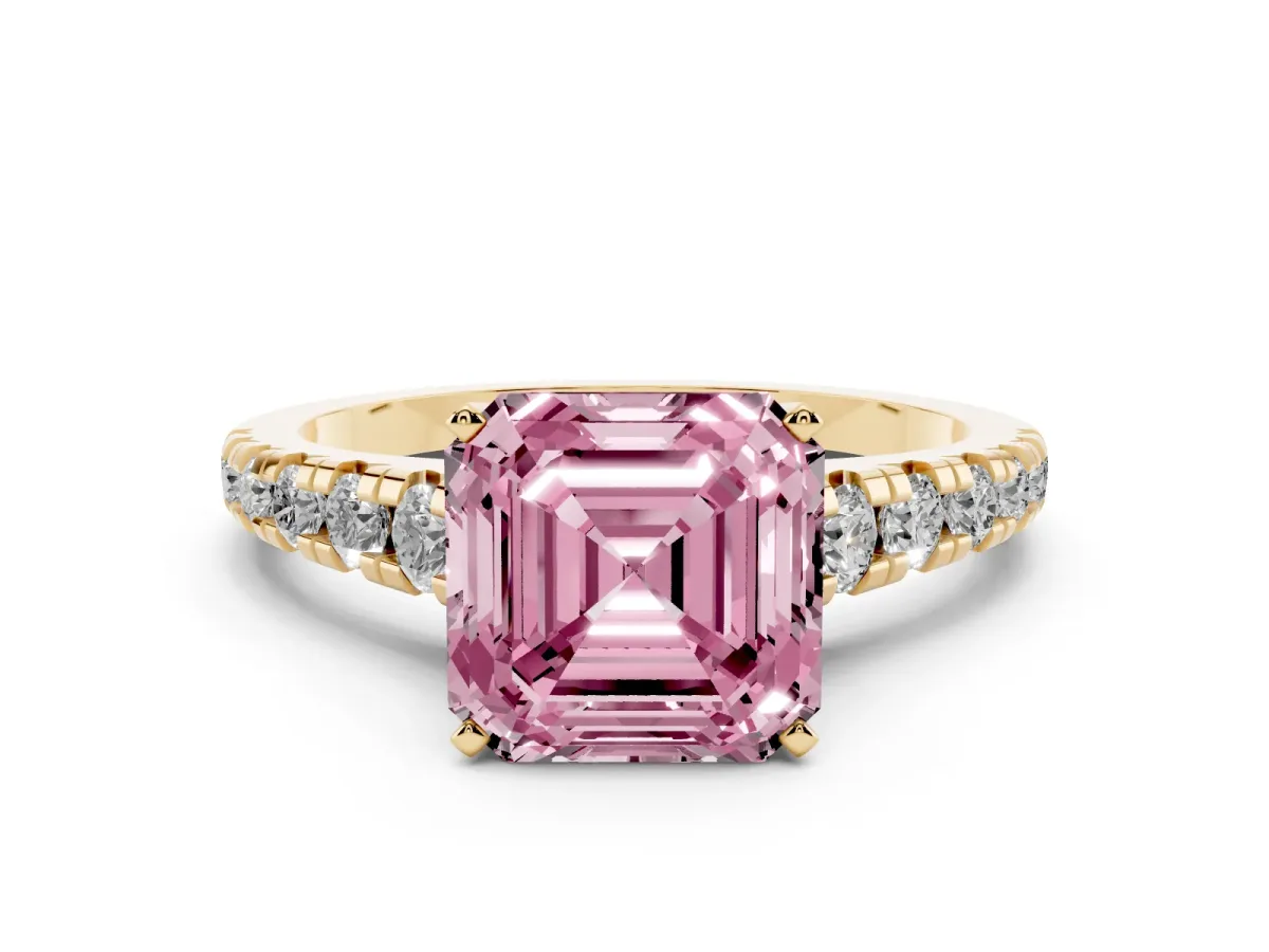 Fancy Pink Asscher Cut Diamond Cathedral Solitaire Ring with Round Pavé Band Yellow gold