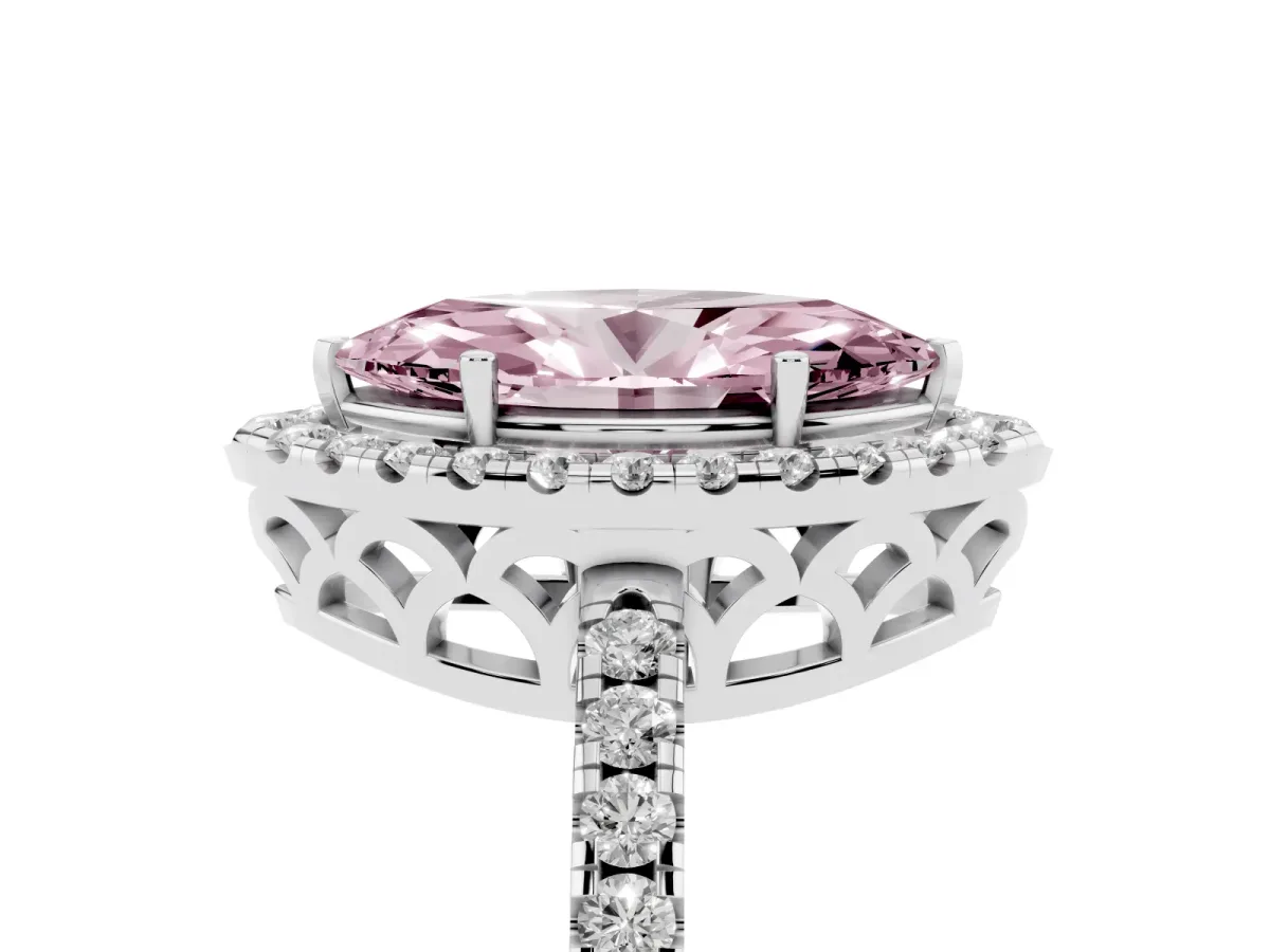 Fancy Pink Marquise Cut Halo Diamond Engagement Ring with Pavé Band and Four-Prong Setting Silver