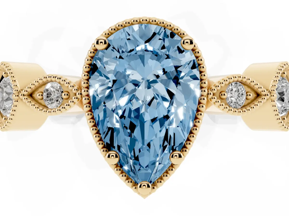 Fancy Blue Pear Cut Diamond Vintage Milgrain Ring with Round Stations Yellow gold