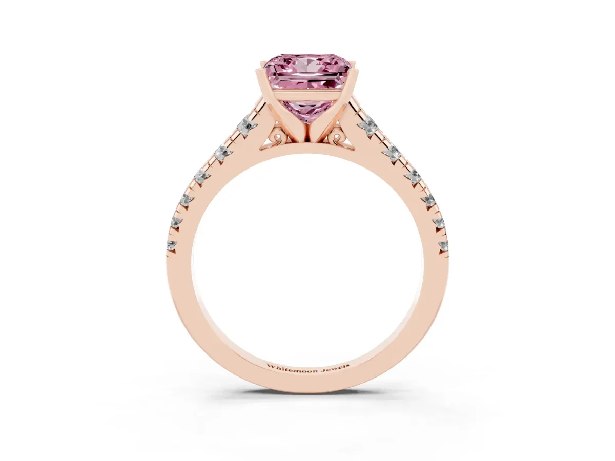 Fancy Pink Princess Cut Diamond Cathedral Solitaire Ring with Round Pavé Band Rose gold