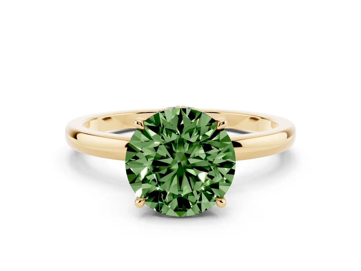 Fancy Green Round Cut Solitaire Engagement Ring with Cathedral Band and Four-Prong Setting Yellow gold