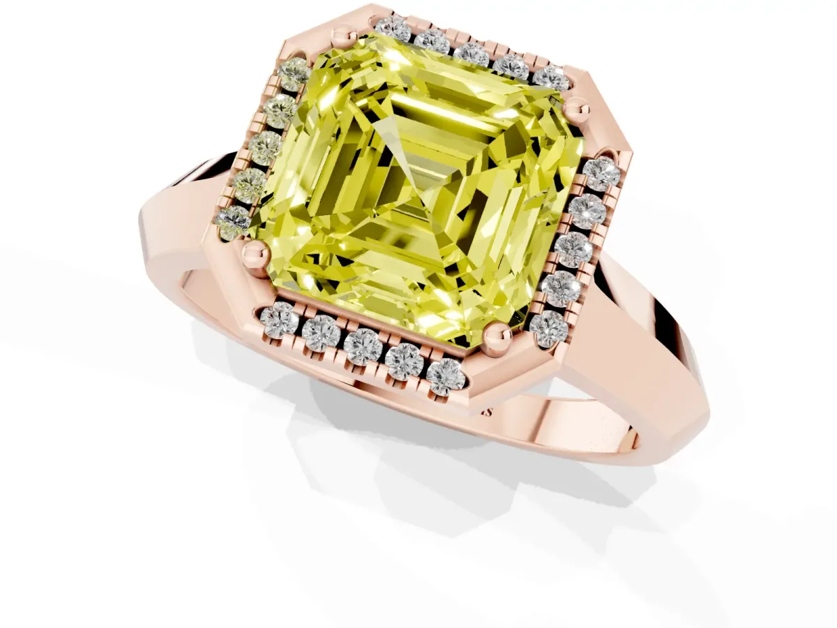 Fancy Yellow Asscher Cut Halo Diamond Ring with Cathedral Band and Four-Prong Setting Rose gold