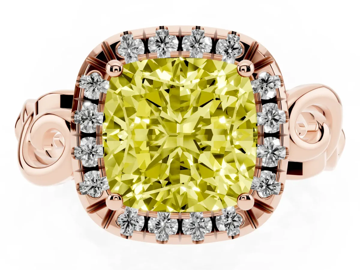 Fancy Yellow Cushion Cut Cut Halo Diamond Ring with Scrollwork Band and Four-Prong Setting Rose gold