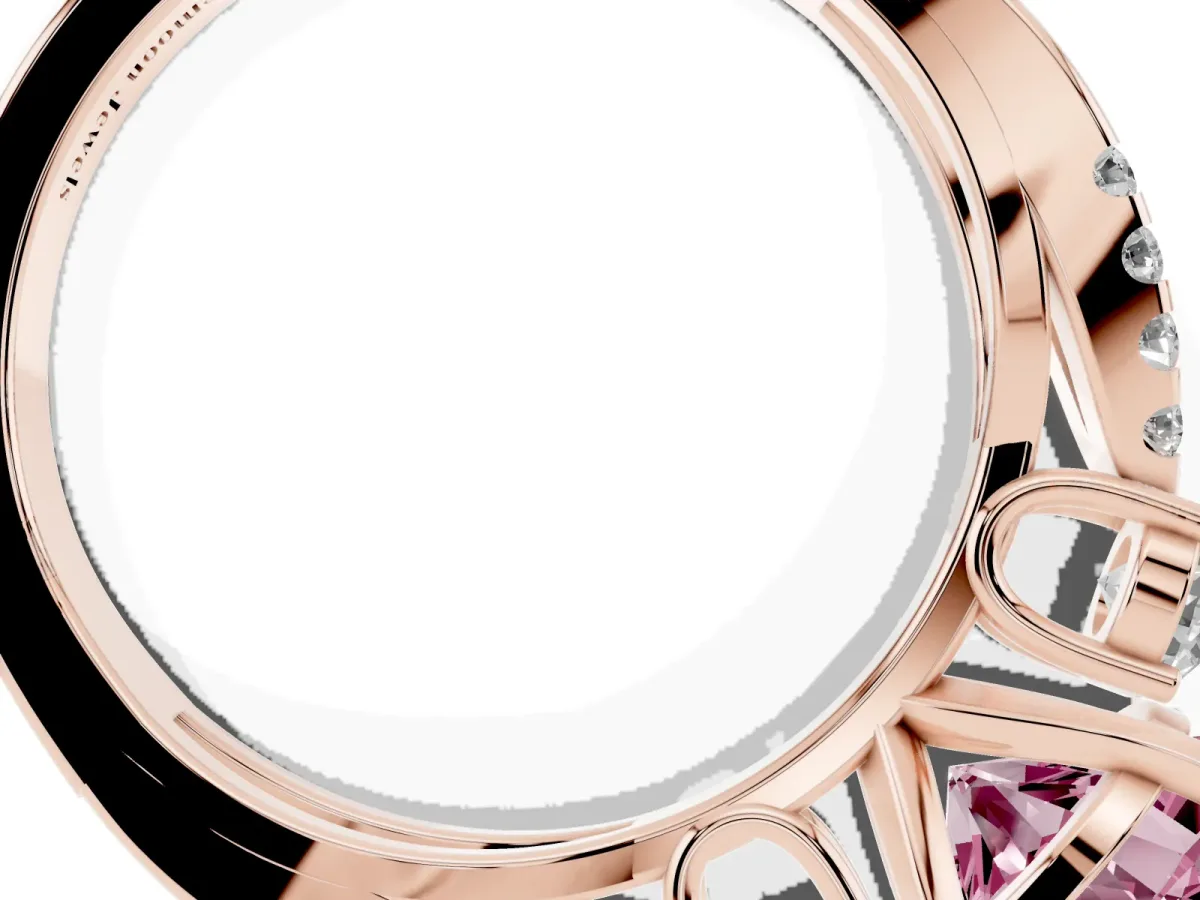 Fancy Pink Round Cut Diamond Three-Stone Ring with Pavé Split Shank and Four-Prong Setting Rose gold