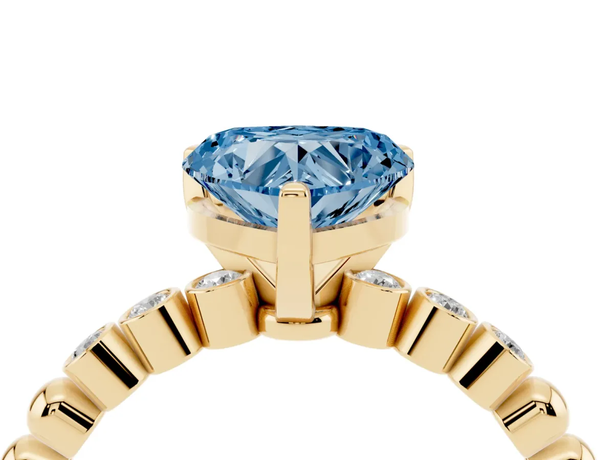 Fancy Blue Heart Cut Solitaire Bezel Accent Diamond Engagement Ring with Beaded Band and Four-Prong Setting Yellow gold