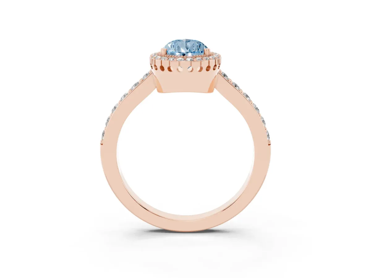 Fancy Blue Pear Cut Cut Diamond Halo Engagement Ring with Milgrain Detail and Pavé Band Rose gold
