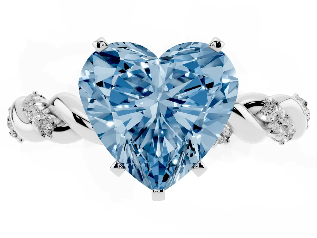 Fancy Blue Heart Cut Diamond Solitaire Ring with Twisted Band and Pavé Accents Silver