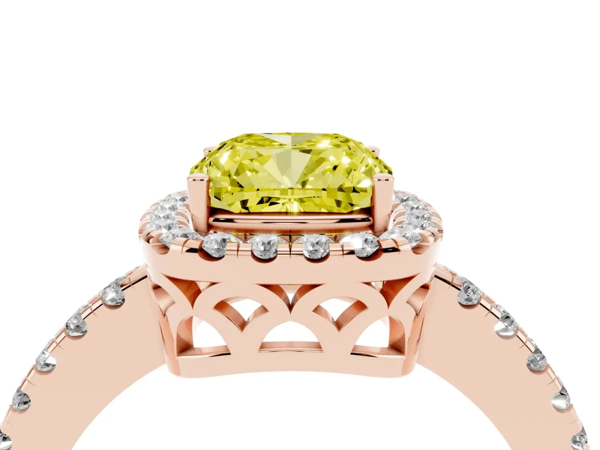 Fancy Yellow Cushion Cut Halo Diamond Engagement Ring with Pavé Band and Four-Prong Setting Rose gold