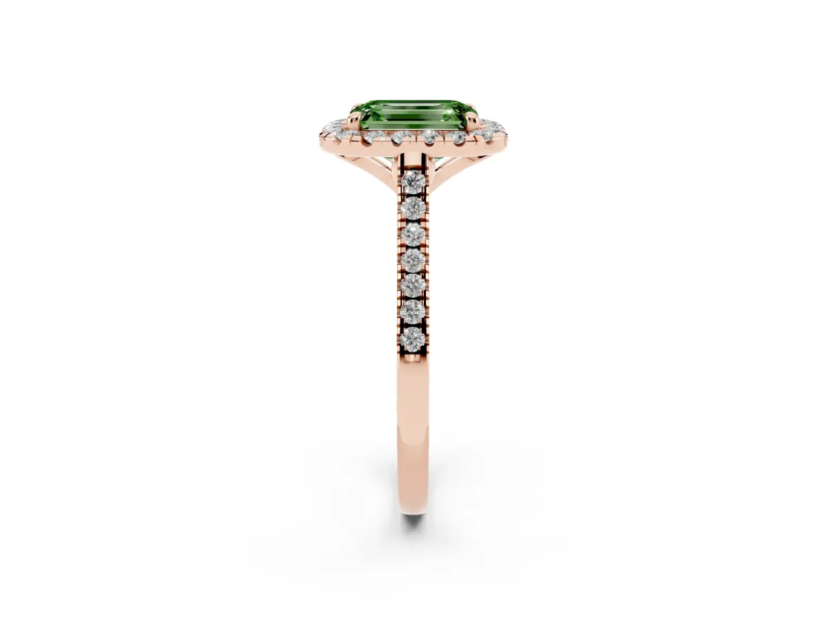 Fancy Green Emerald Cut Diamond Cushion Halo Ring with Pavé Band Rose gold