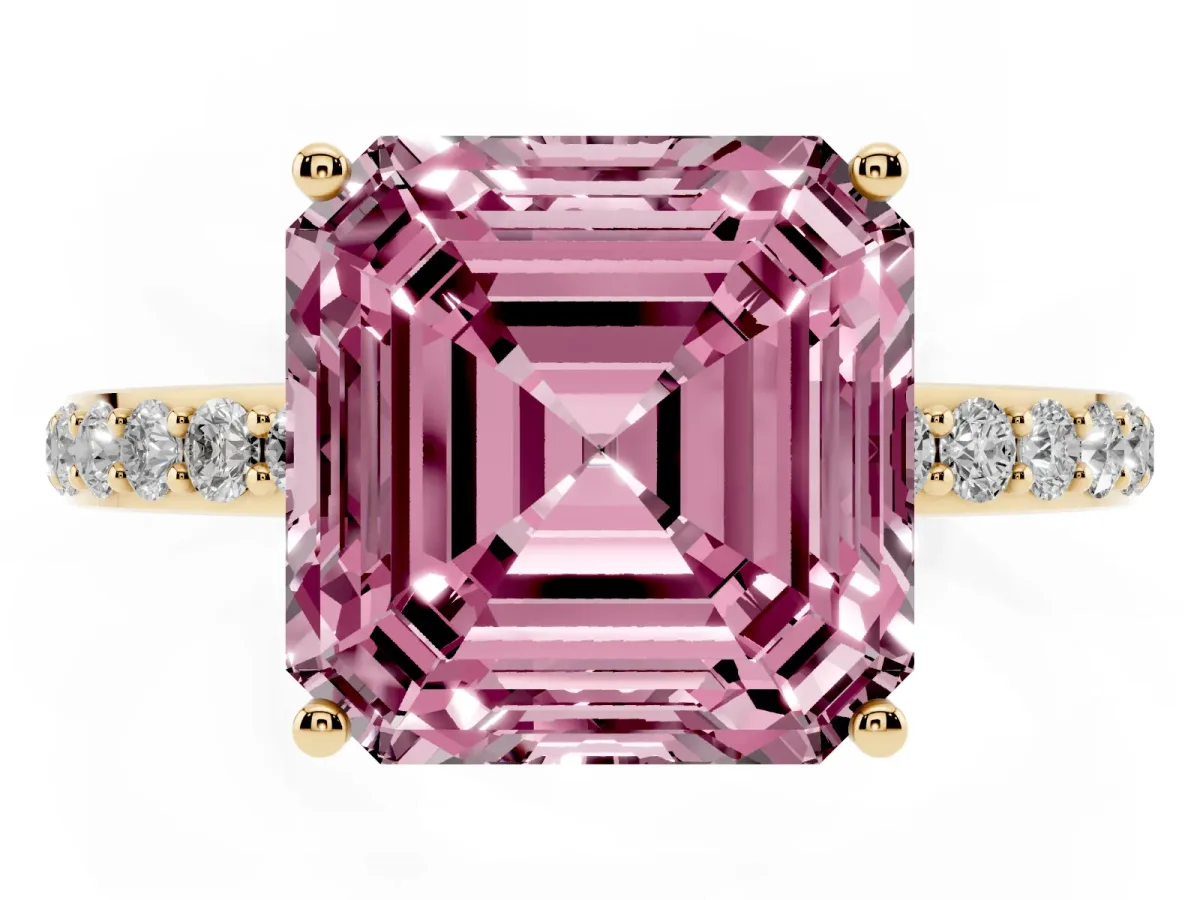 Fancy Pink Asscher Cut Diamond Solitaire Ring with Pavé Band and Hidden Halo Yellow gold