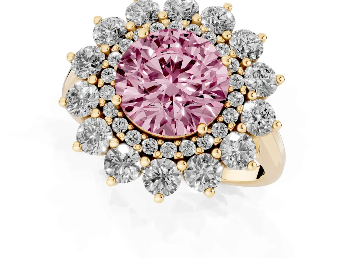 Fancy Pink Round Cut Diamond Floral Double Halo Engagement Ring with Prong Setting Yellow gold