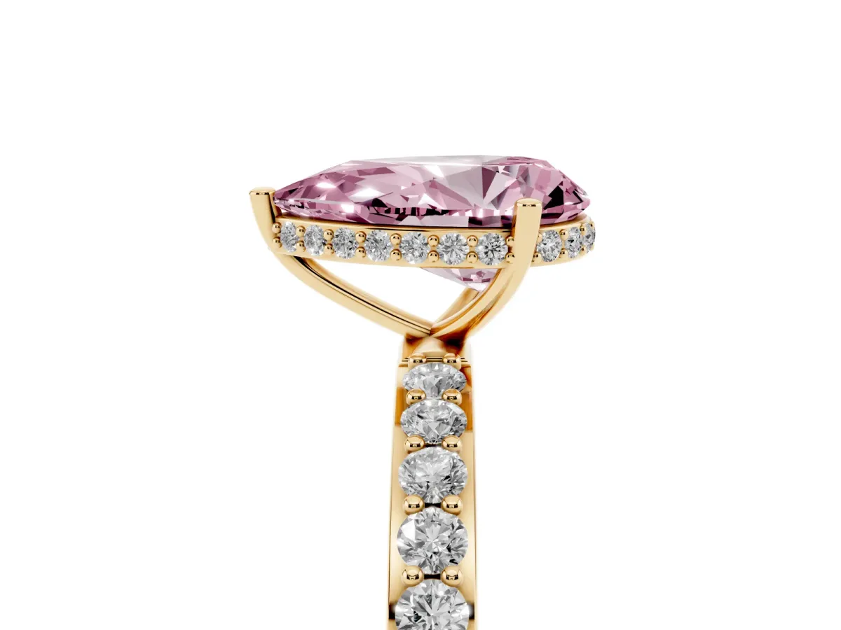 Fancy Pink Pear Cut Diamond Solitaire Ring with Pavé Band and Hidden Halo Yellow gold