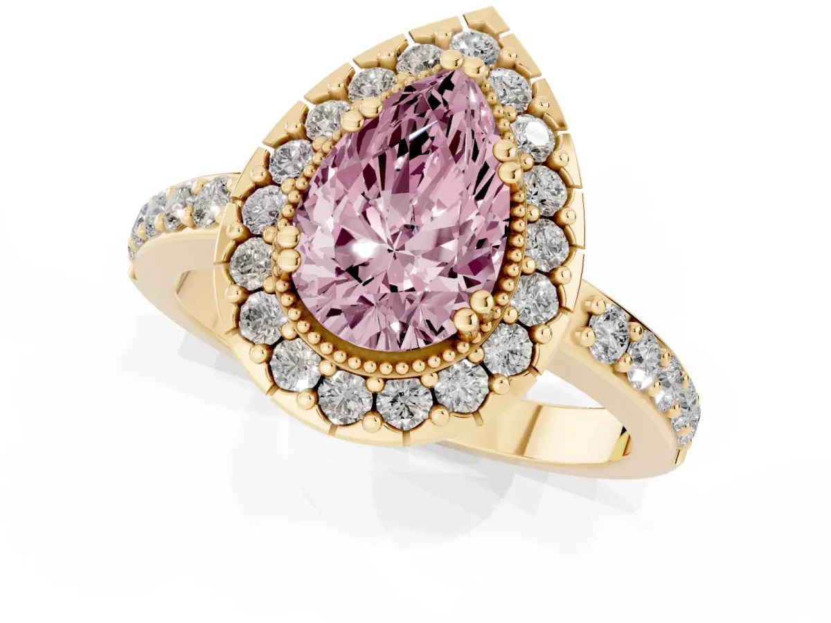 Fancy Pink Pear Cut Diamond Halo Ring with Pavé Band and Prong Setting Yellow gold